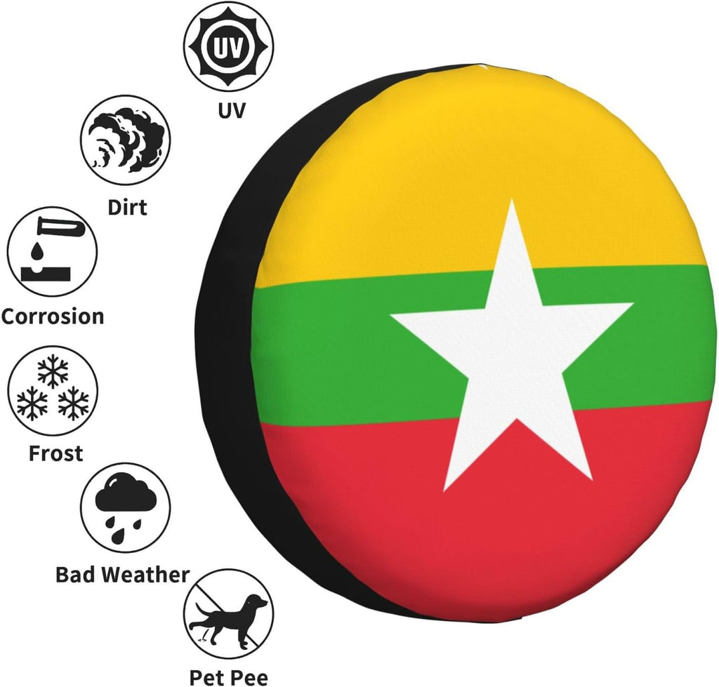 Flag of Myanmar Print Universal Spare Tire Cover for RV, Jeep | Wheel Protector Fits Rv, Trailer, Jeep, Shield Tires From Sun, Dirt And Rain For Outdoor Storage