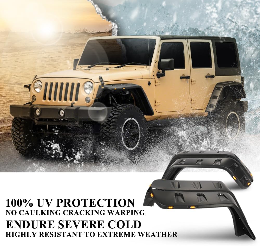 Fender Flares Compatible With Jeep JK Wrangler 2007-2018 2/4 door Model, Unlimited, Rubicon Unlimited Smooth Matte Pocket Riveted Style Wheel Flares With LED 4pcs