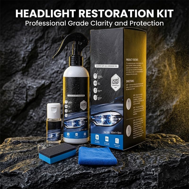 Headlight Restoration Kit, Car Headlight Cleaner and Restorer Kit, No Power Tools Required, Headlight Restoration Spray for Yellowing, Oxidation, Foggy Plastic Lenses (1)
