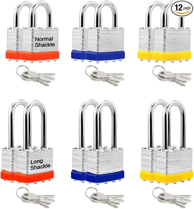 Lanube Lock 12-Pack Laminated Keyed Padlock Set 3 Colors, 2 Short 2 Long by LanuBe