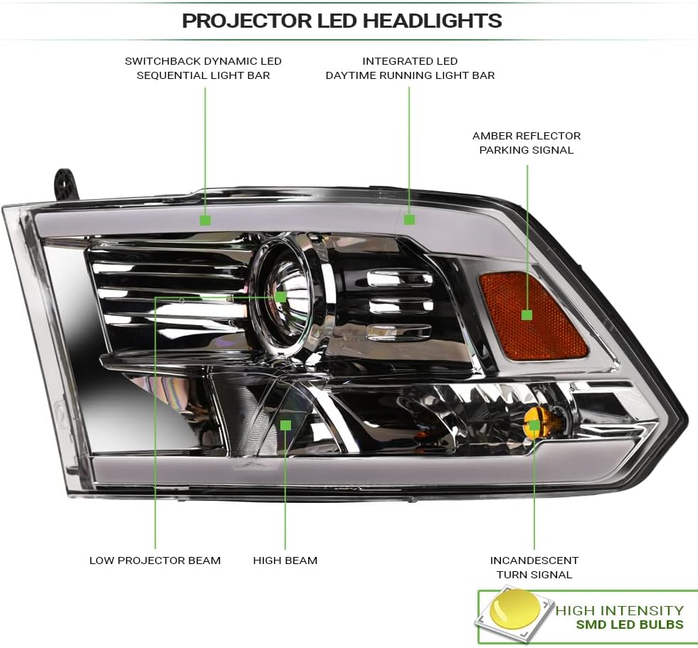 Switchback Sequential LED Strip Tube Bar Chrome Housing Projector Headlights Signal Lamps Amber Reflector nb Compatible With 09-18 Dodge Ram 1500/19-24 Classic / 10-18 2500 3500