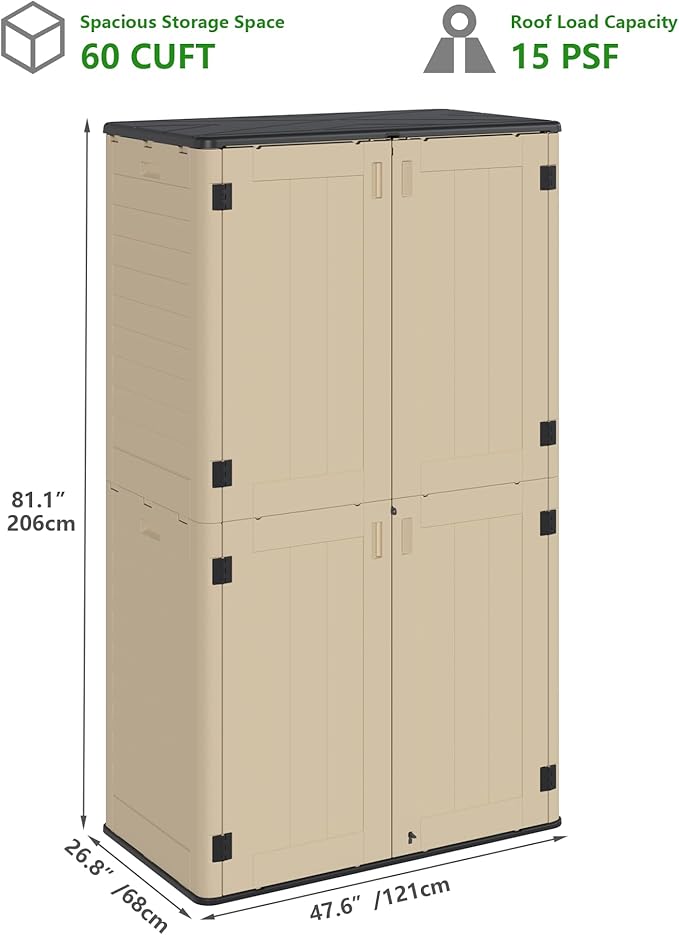 60 Cu.Ft Vertical Outdoor Storage Shed, Weatherproof Outdoor Tall Cabinet - Image 2