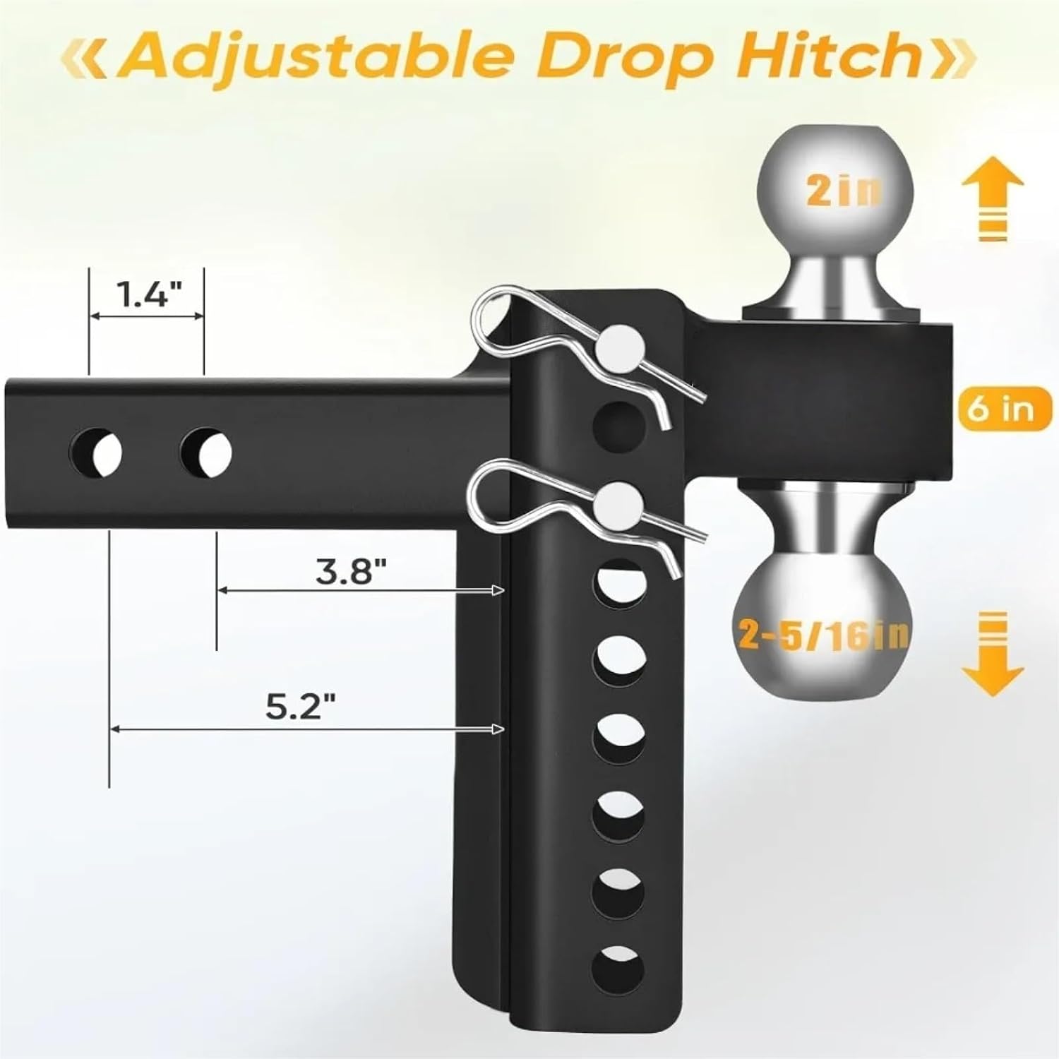 Adjustable 2" Trailer Hitch 6" Drop/Rise Dual-Ball 12,000 Lbs GTW Locks