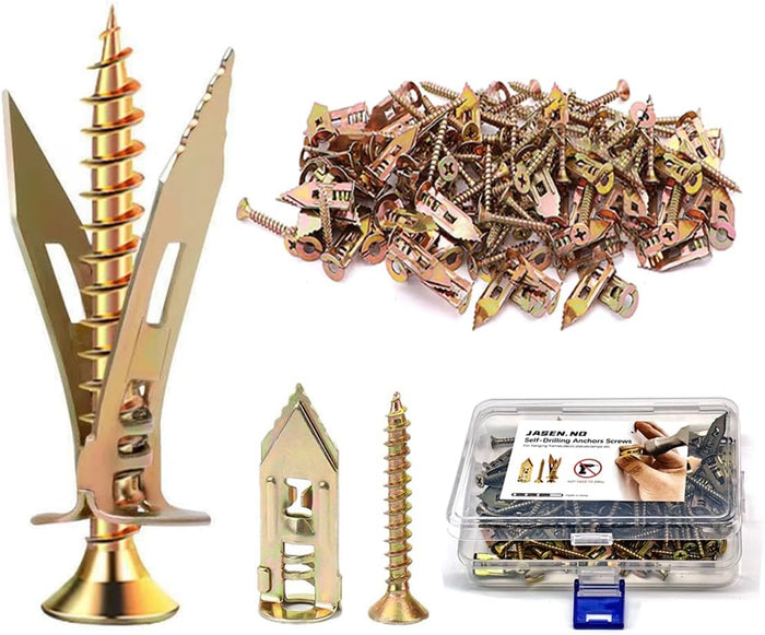 Self-Drilling Drywall Anchors,Heavy Duty Drywall Anchors and Screws kit,Door Hinge Repair Tool,Dry Wall Anchors for Fixing wall Decor, Furniture,Statues,Photo Frames (1.18IN,100Pcs)