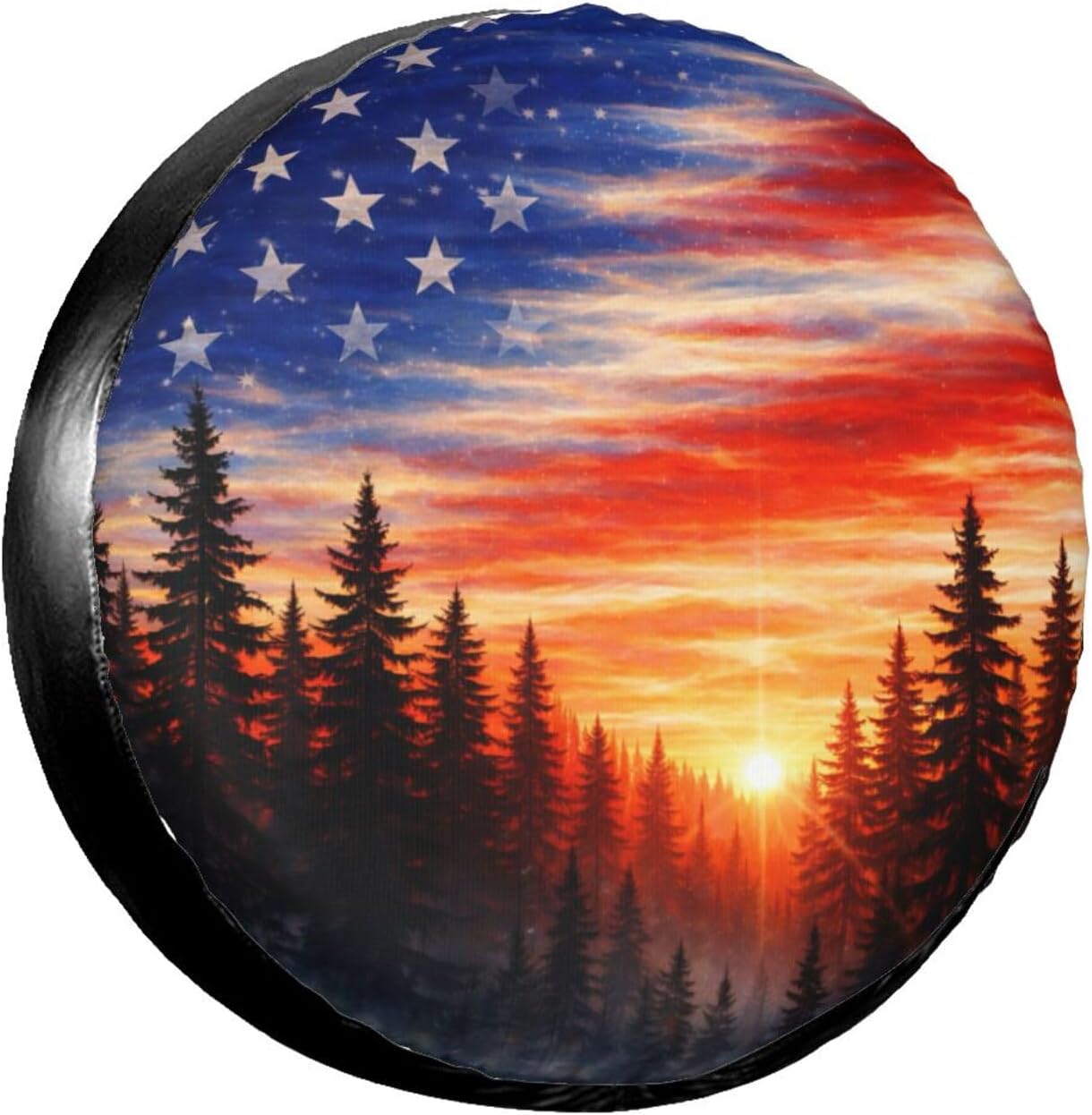 Spare Tire Cover，American Flag Sunset Fores Camper Spare Tire Cover Waterproof Sun Protection for Jeep Trailer Camper RV SUV Wheel Covers (American Flag Sunset Fores, 15 inch)