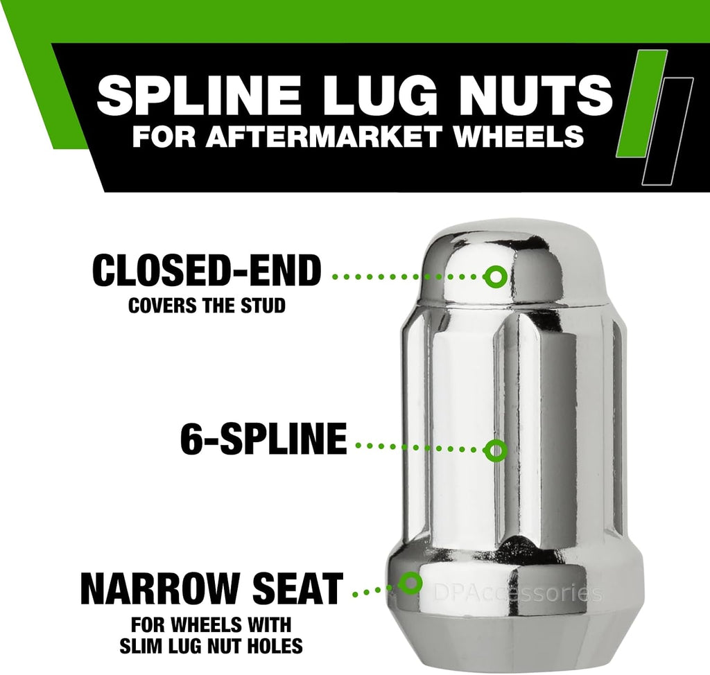 DPAccessories Chrome M12x1.25 Lug Nuts for Aftermarket Wheels - Closed End Spline Tuner - 34mm (1.35") Tall - Pack of 4 - LCS3A5HC2CH04004