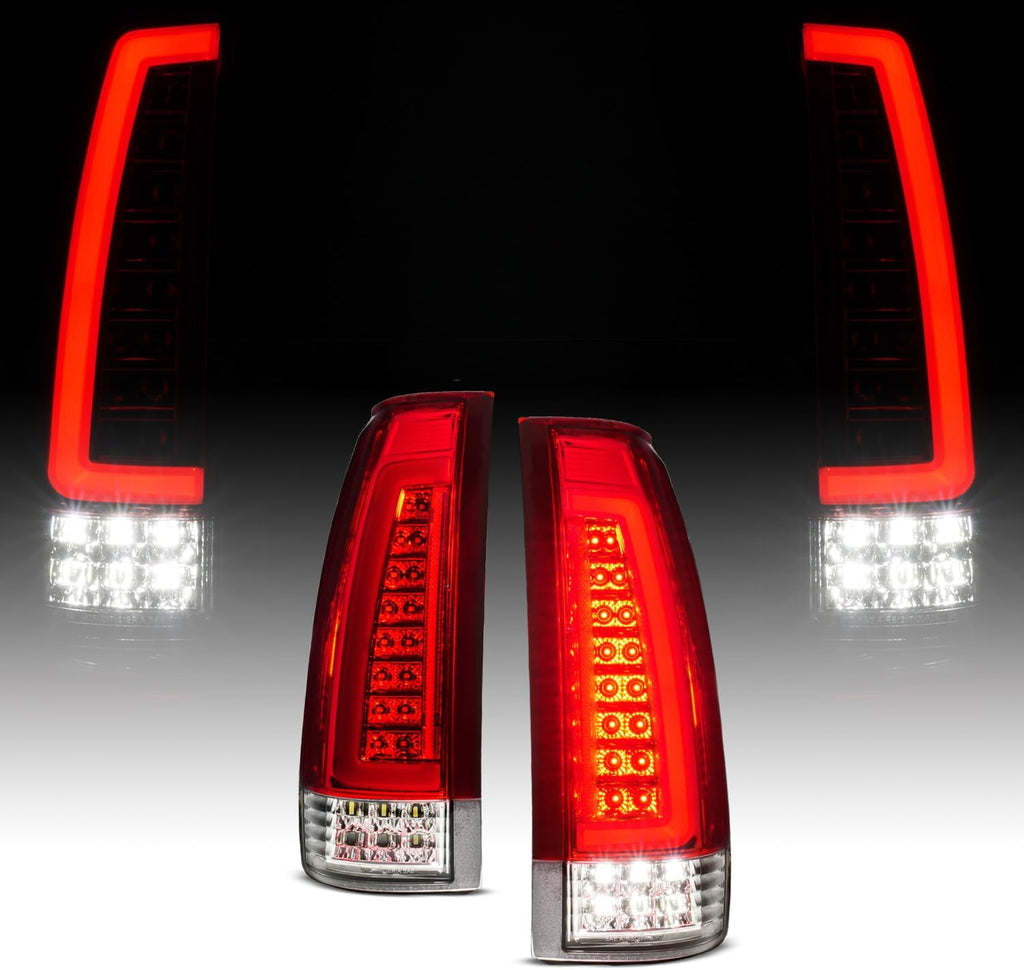AmeriLite for 1988-2000 Chevy GMC C/K Pickup Vehicle Full Size Tahoe Suburban [Full LED] C-Type Tube Crystal Red Replacement Tail Lights Set - Passenger and Driver Side