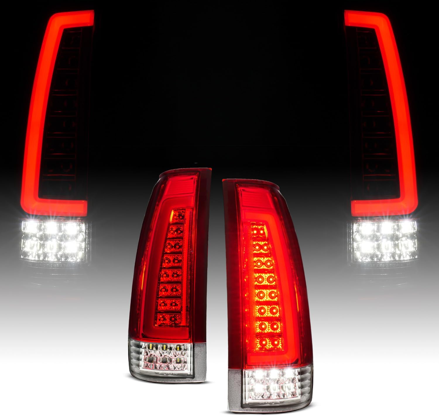 AmeriLite for 1988-2000 Chevy GMC C/K Pickup Vehicle Full Size Tahoe Suburban [Full LED] C-Type Tube Crystal Red Replacement Tail Lights Set - Passenger and Driver Side
