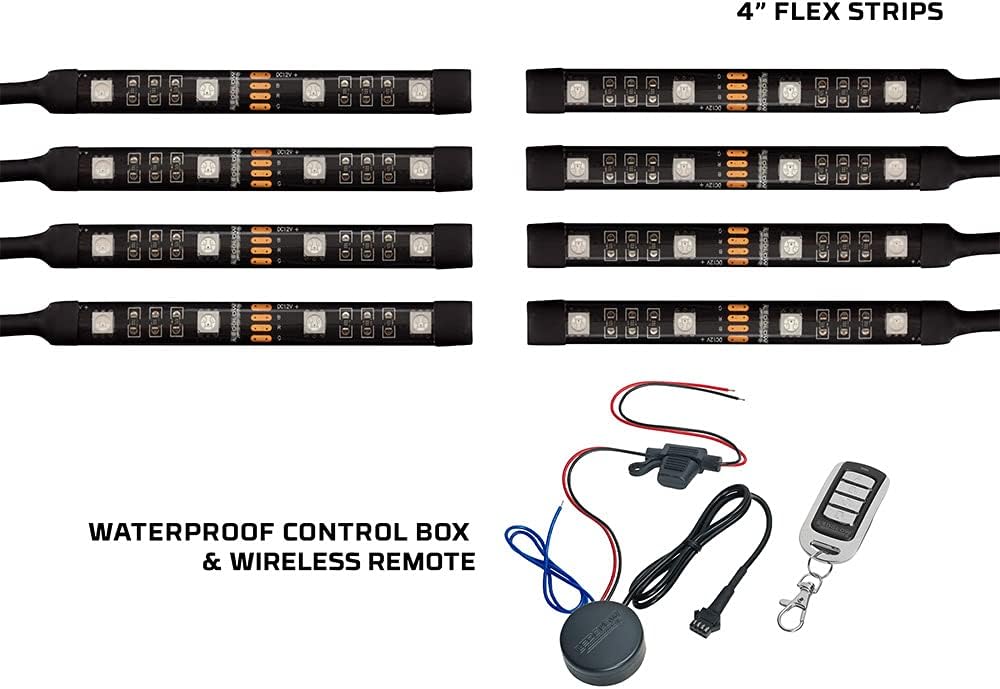 LEDGlow 8pc Advanced Million Color Mini LED Motorcycle Accent Underlow Light Kit - 15 Solid Colors - 6 Patterns - 4" Multi-Color Flexible Strips - Includes Waterproof Control Box & Wireless Remote
