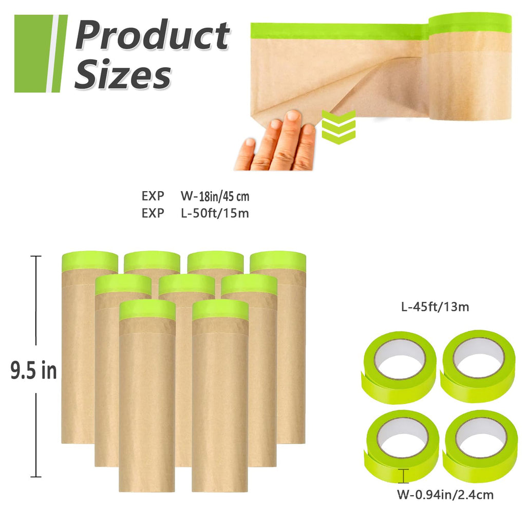 9 rolls pre-taped masking paper for painting and shown in use