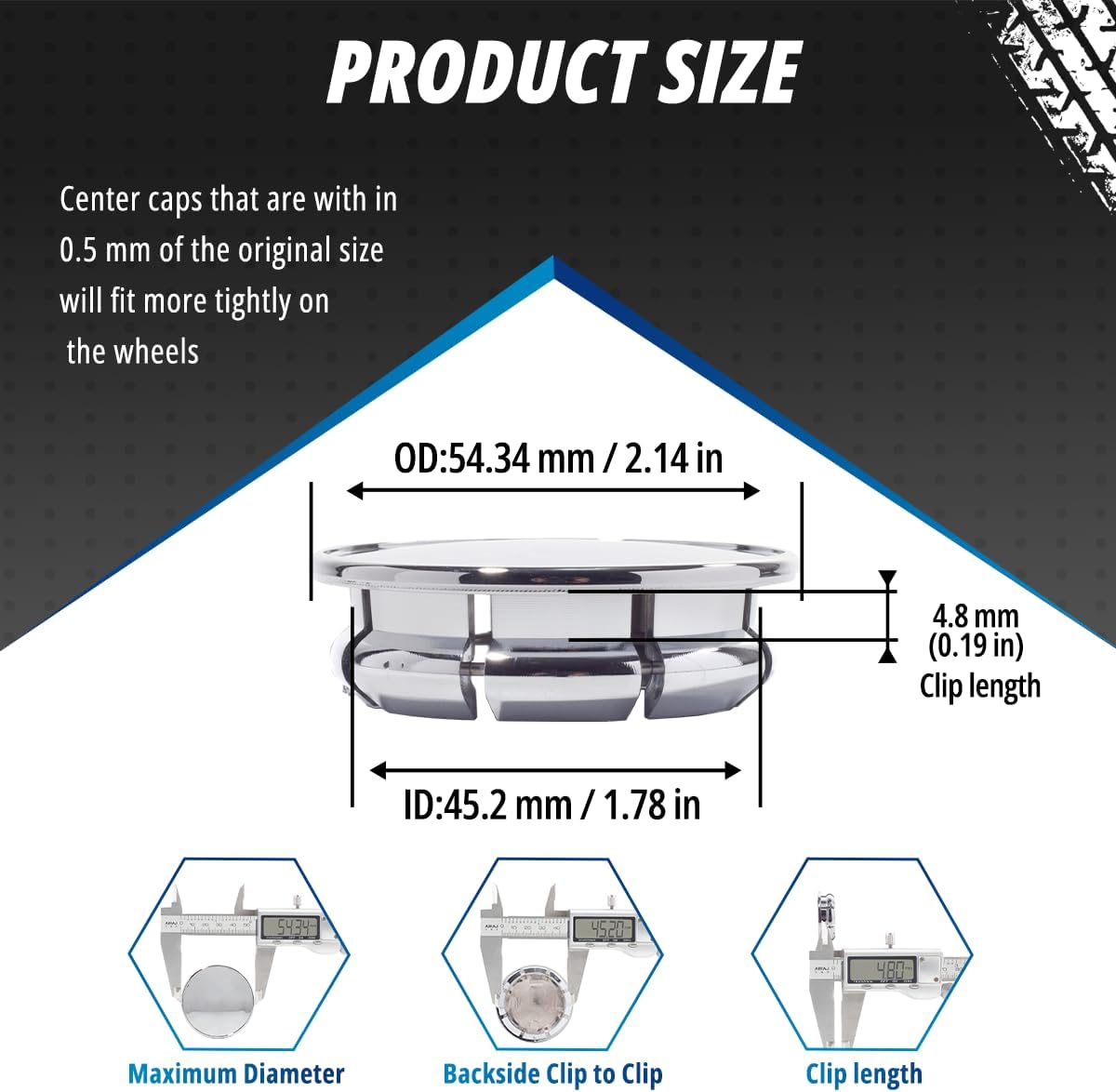 4 Pack 54 mm / 2.14 in Wheel Center Caps Kit for 2004-2010 Chrysler Sebring Aspen Pacifica CPT ruiser Town Country 300, ID 45.2 mm / 1.78 in Hub Caps, Snap-in Replaces 4895899 Chrome