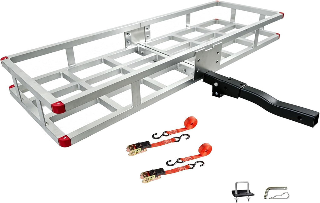 60 x 20 x7 Aluminum Cargo Carrier Hitch Mount - 500lb Heavy Duty Folding Luggage Rack - Powder Coated 2" Angled Shank for Ground Clearance - Rustproof Vehicle Cargo Basket for SUV & Truck Storage