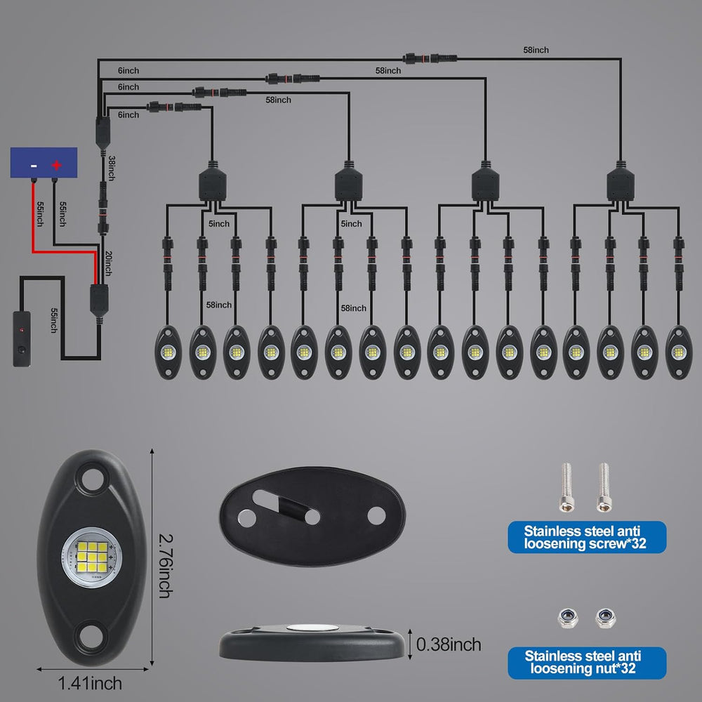 24pods White Rock Lights kit Dc 12v-80v 6000k Aluminum Pure White Led Rock Li...