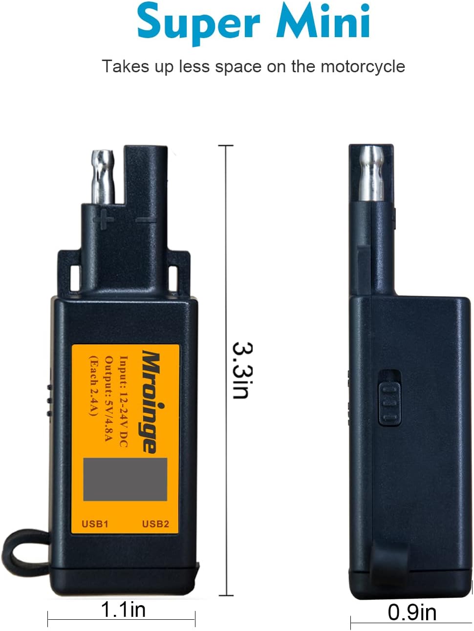 Motorcycle USB Charger, Mroinge 4.8A SAE to USB Adapter with Voltmeter & Ammeter, Quick Disconnect Plug with Dual USB Charger Perfect for Smart Device Charging, with ON/Off Switch