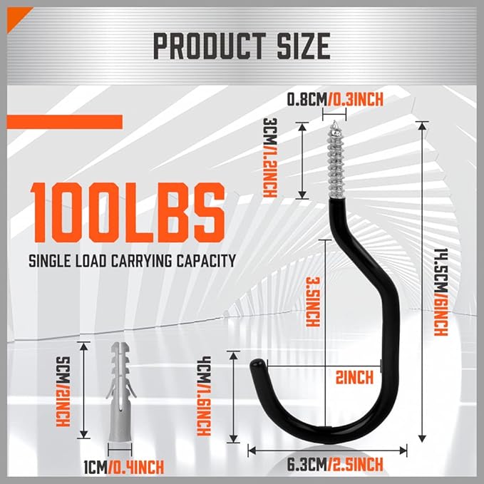 HORUSDY 6 Pack Heavy Duty 6 inches, Capacity 100 LBS, Wall and Bike Hooks - Image 2