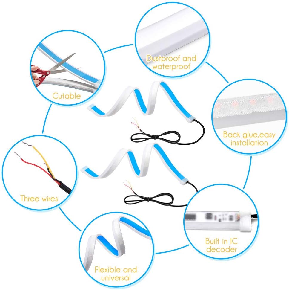 Ejoyous LED Headlight Strip Lights Exterior DRL 2 Pcs 24 Inches Cuttable Flexible Daytime Running Light Strips Car Turn Tube Lights Decorative Lamp White