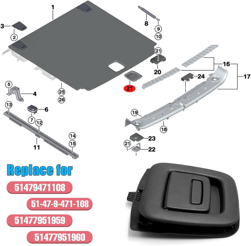 Jaronx Compatible with BMW Trunk Mat Carpet Handle for X3 G01 2018-2024/X4 G02 2018-2025/X5 G05 2019-2025/X6 G06 X7 G07 2020-2025, Rear Trunk Mat Floor Carpet Handle Replacement for BMW 51479471108