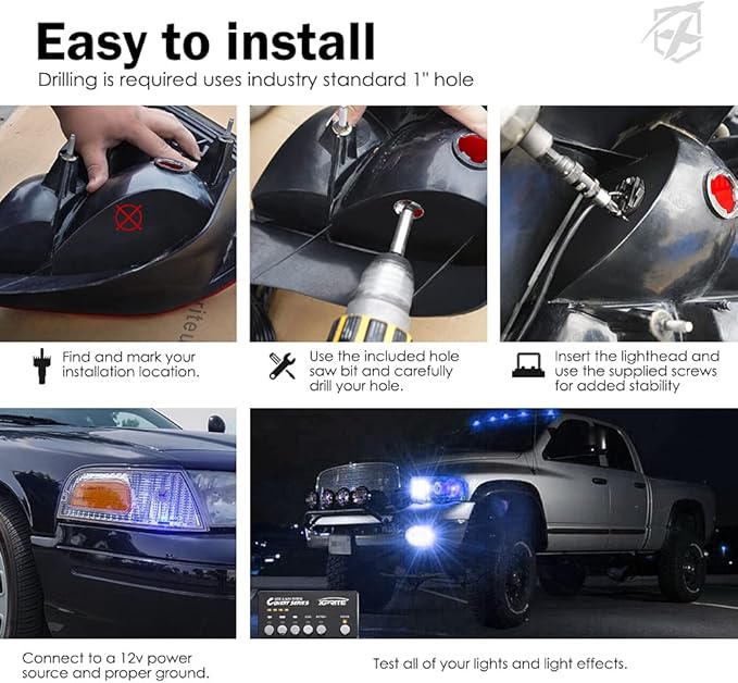 Xprite Blue LED Hideaway Strobe Police Lights Kit, 20 Flashing Patterns - Image 6
