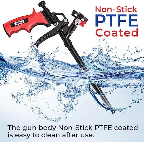 spray foam insulation gun, teflon-coated, red, 2 pack shown in use