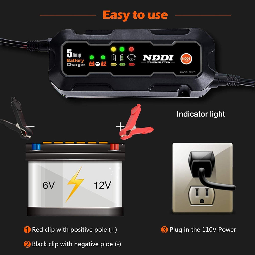 NDDI 5 Amp Battery Charger, 6V/12V Smart Automatic Charger with LED Indicators