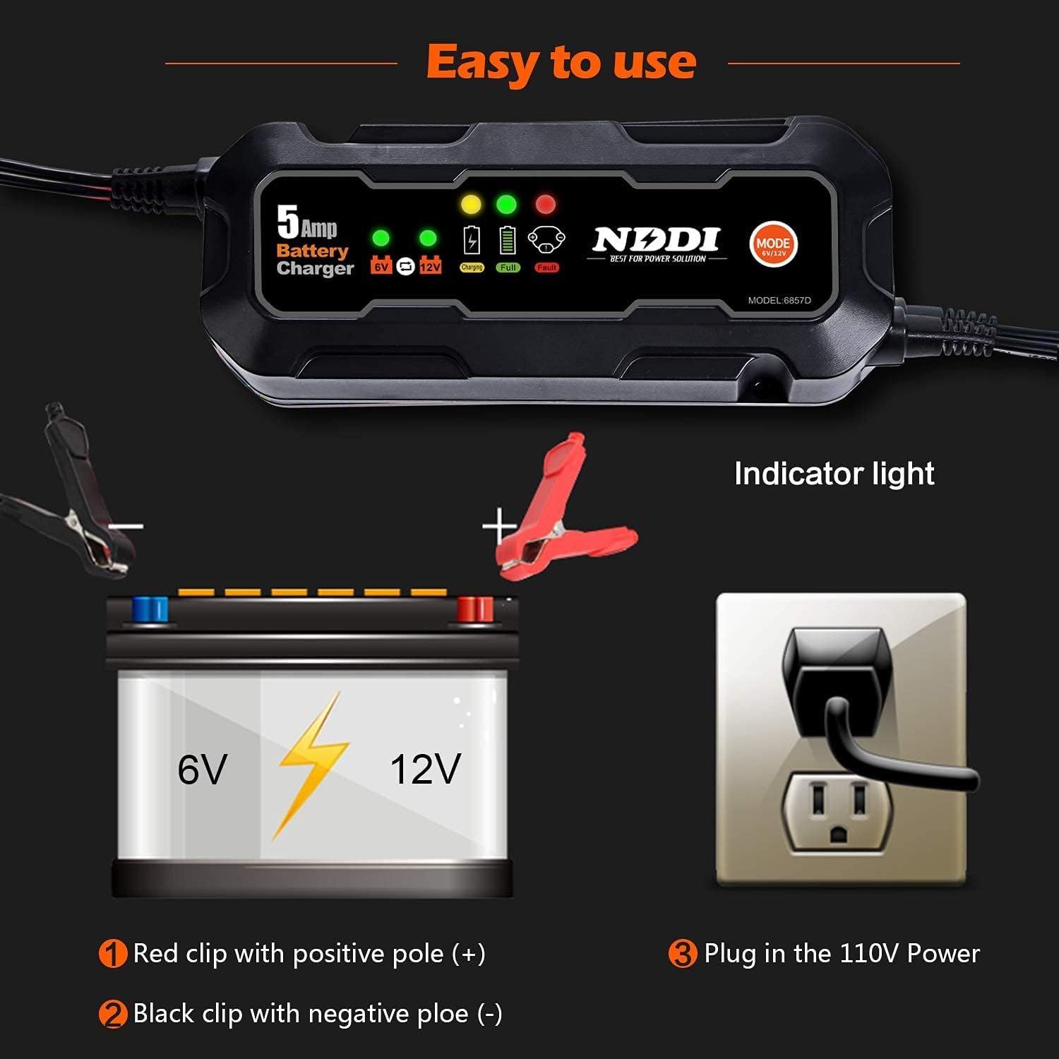 NDDI 5 Amp Battery Charger, 6V/12V Smart Automatic Charger with LED Indicators