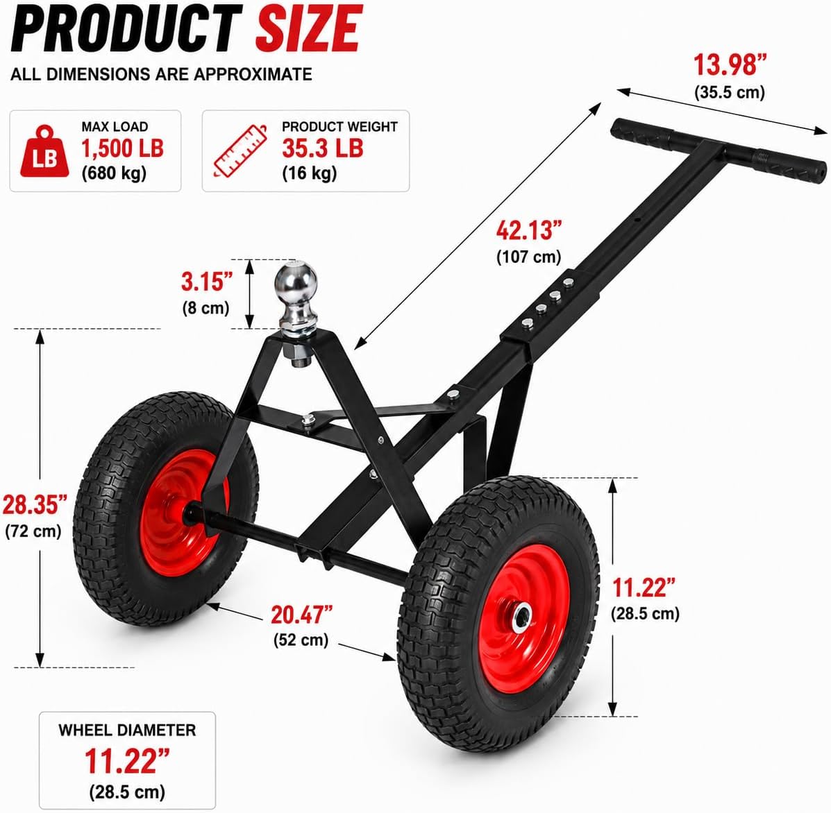 Trailer Dolly, Heavy-Duty Steel Trailer Mover Dolly with 2 Inch Ball and 600 lbs Capacity Handle for Easy Maneuvering of Boat, for Moving Car RV Boat Trailer, Great for Camping