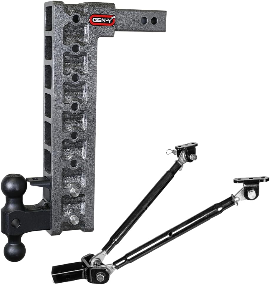 GEN-Y Hitch Tow Hitch for 2" Receiver - 17.5" Drop/Rise with 8 Adjustable Positions, Includes Dual Ball Mount, Pintle Lock and Stabilizer Kit, 16,000 lbs Towing Capacity, 2,000 lbs Tongue Weight