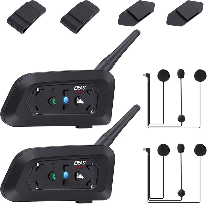 V6 Pro Motorcycle Helmet Bluetooth Intercom Headset 1200M 2 People Full Duplex (2 Pack)