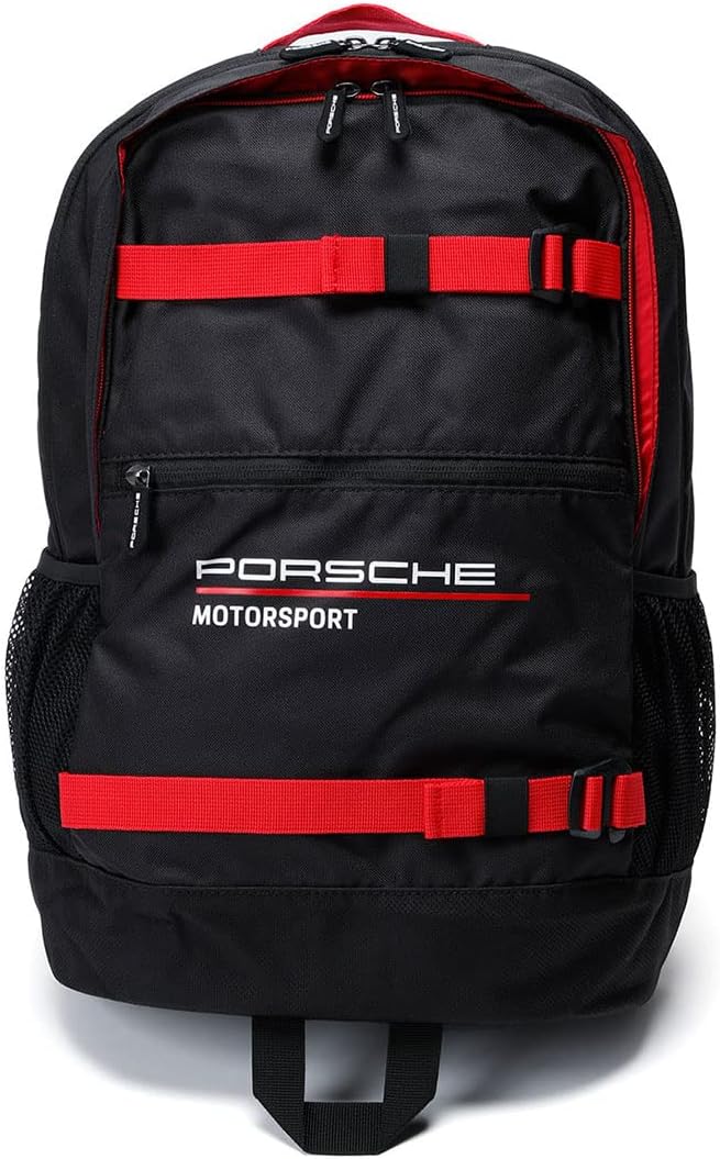 Porsche Motorsport Backpack | Padded shoulder straps and back panel, Mesh bottle side pockets, Front pocket with reverse coil zip