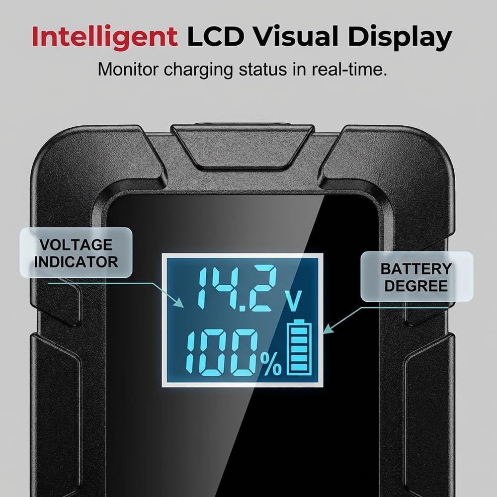 Battery Charger and Desulfator, 6V 12V Automatic Intelligent Recognition, Smart Pulse Repairer for Car Motorcycle Marine Batteries, with Trickle Charge Function and LED Display (1 Set)