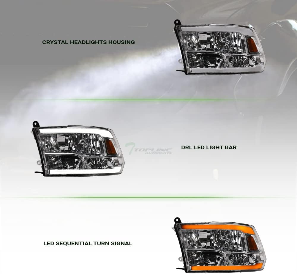 Switchback Sequential LED Strip Tube Bar Chrome Housing Crystal Headlights Signal Lamps Amber Reflector nb Compatible With 09-18 Dodge Ram 1500/19-24 Classic / 10-18 2500 3500