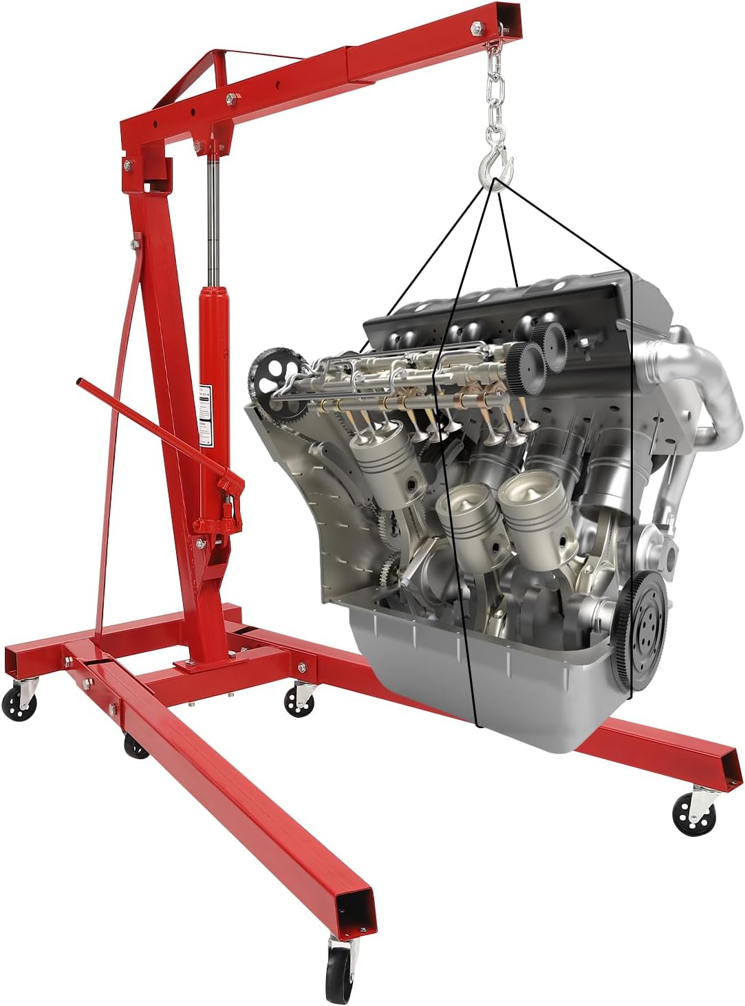 2 Ton Engine Hoist, Folding Hydraulic Engine Crane Red, Heavy Duty Cherry