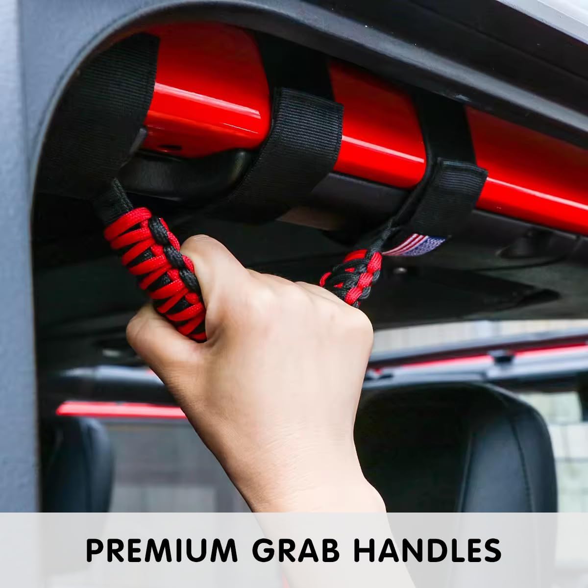 HZEL 2PCS Roll Bar Grab Handles, Oxford Cloth Upgrade Metal Buckle Paracord Grip Handles, Durable and Strong Car Accessories, Compatible with Wrangler JL, JLU, JT, JK, JKU, TJ, LJ and YJ (Red)
