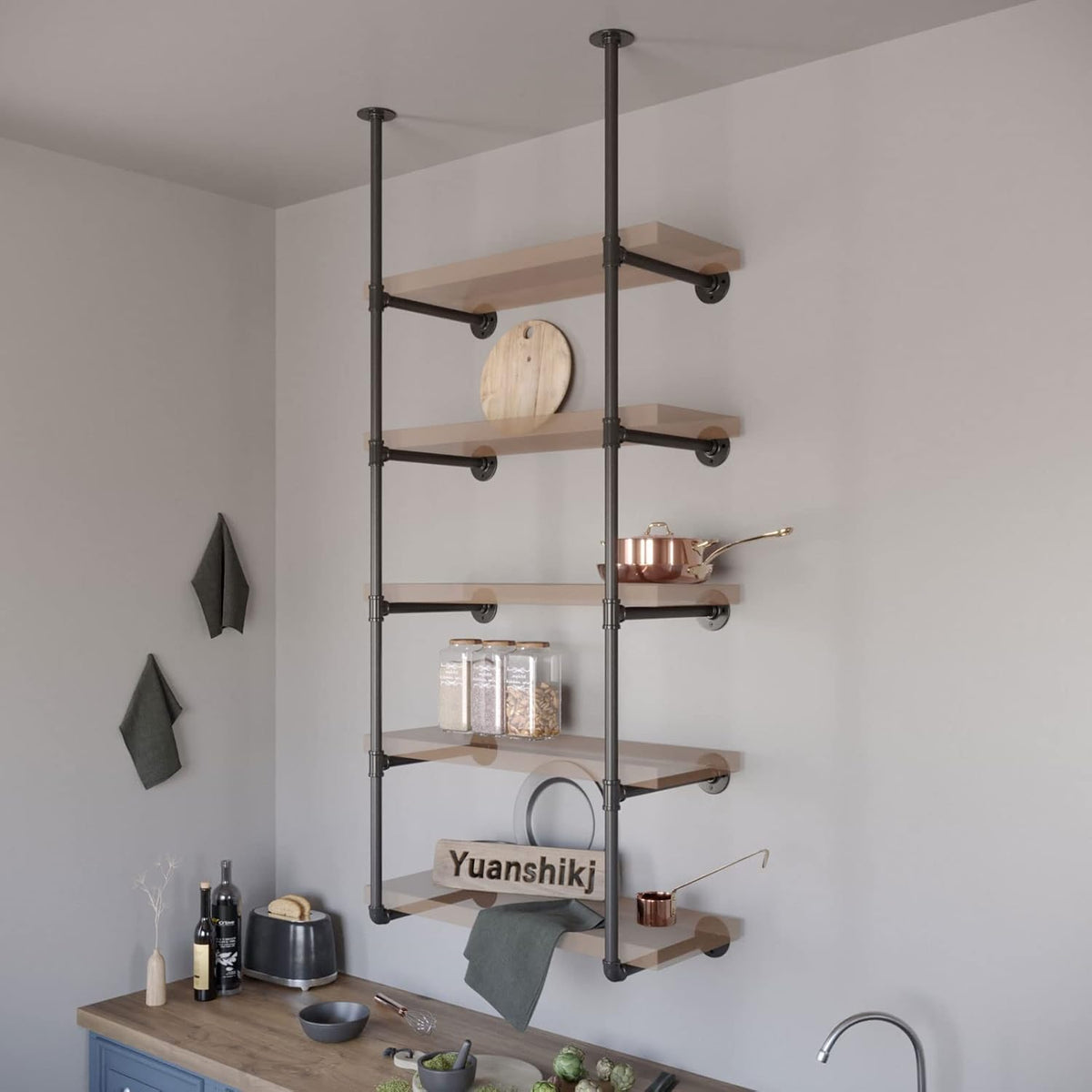 yuanshikj 70" tall,12" deep,3/4", industrial iron pipe shelves, main product view