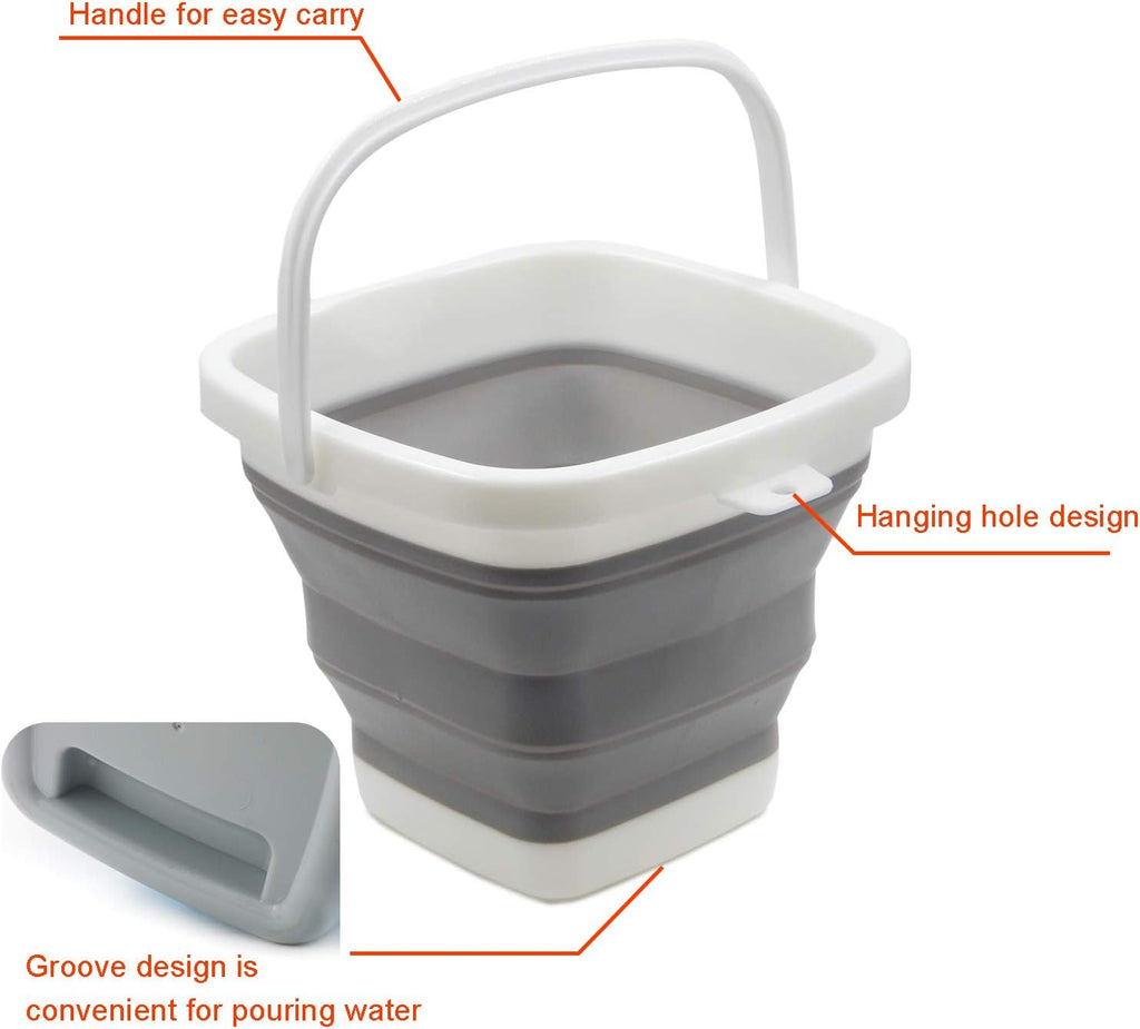 TOSSOW Premium Collapsible Plastic Bucket 5L (1.32 Gallon) Ice Buckets Soft Waterpot Mini Square Tub, Space Saving Bucket for Car Wash,Outdoor Fishing, Food Jug, Dog Bowls (Grey)