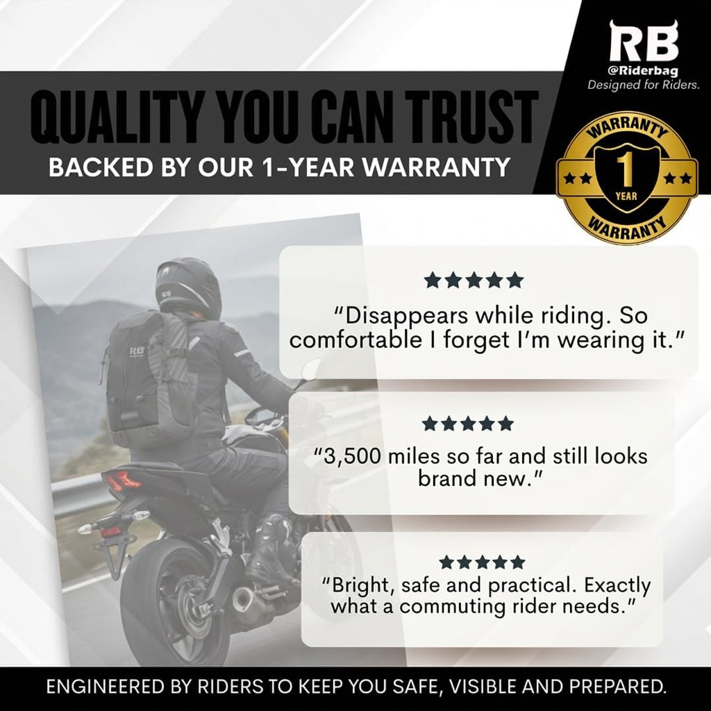 riderbag Reflective Motorcycle Backpack, Hi Viz Commuter Riding Bag | Designed by Riders for Everyday Rides with Laptop Compartment and Helmet Net. Built to Help You Be Seen.