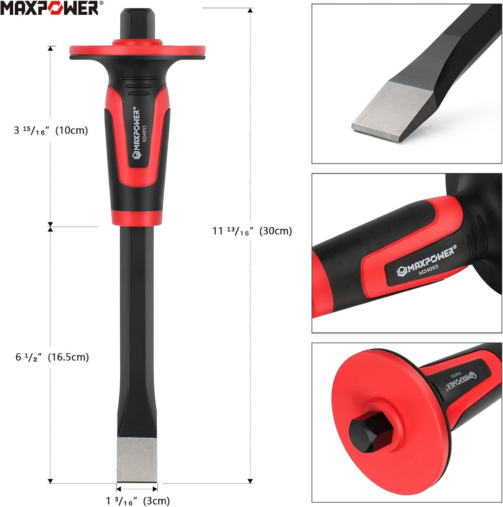 maxpower masonry chisels, 11" point chisel, flat chisels showing dimensions