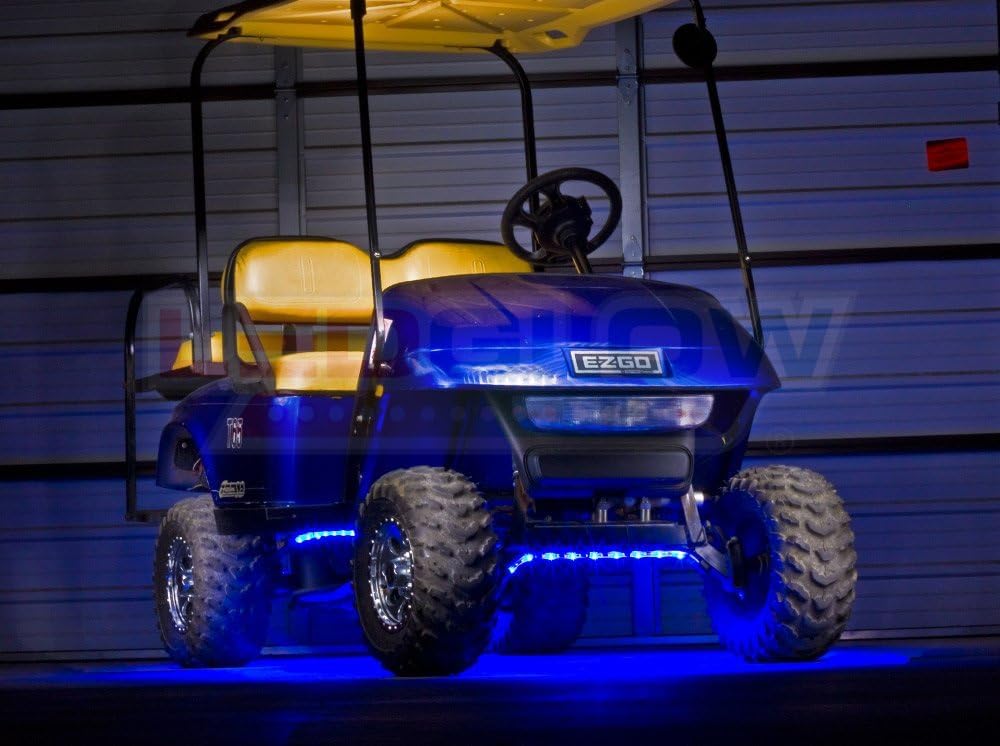 LEDGlow 4pc Blue LED Golf Cart Underbody Underglow Accent Neon Light Kit for EZGO Yamaha Club Car - Water Resistant Flexible Tubes - Includes Control Box & Wireless Remote