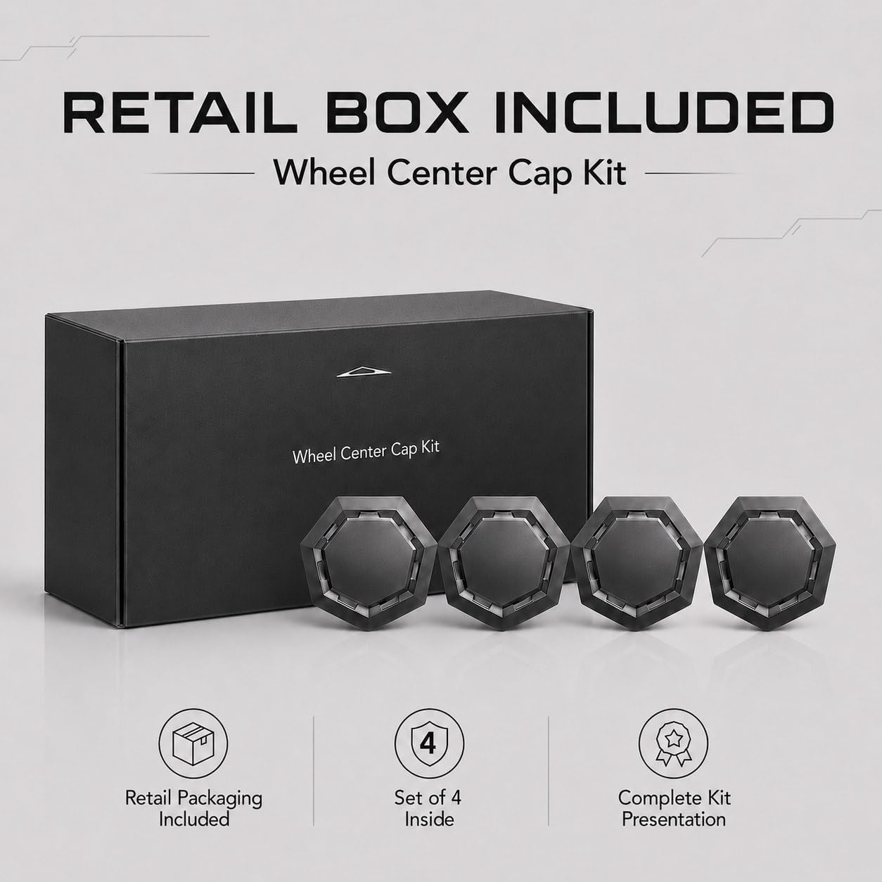 Cyber Wheel Cap Kit for Tesla Cybertruck, Set of 4 Wheel Center Cap Covers, Retail Box Included, Factory-Style Matte Black Replacement Wheel Caps