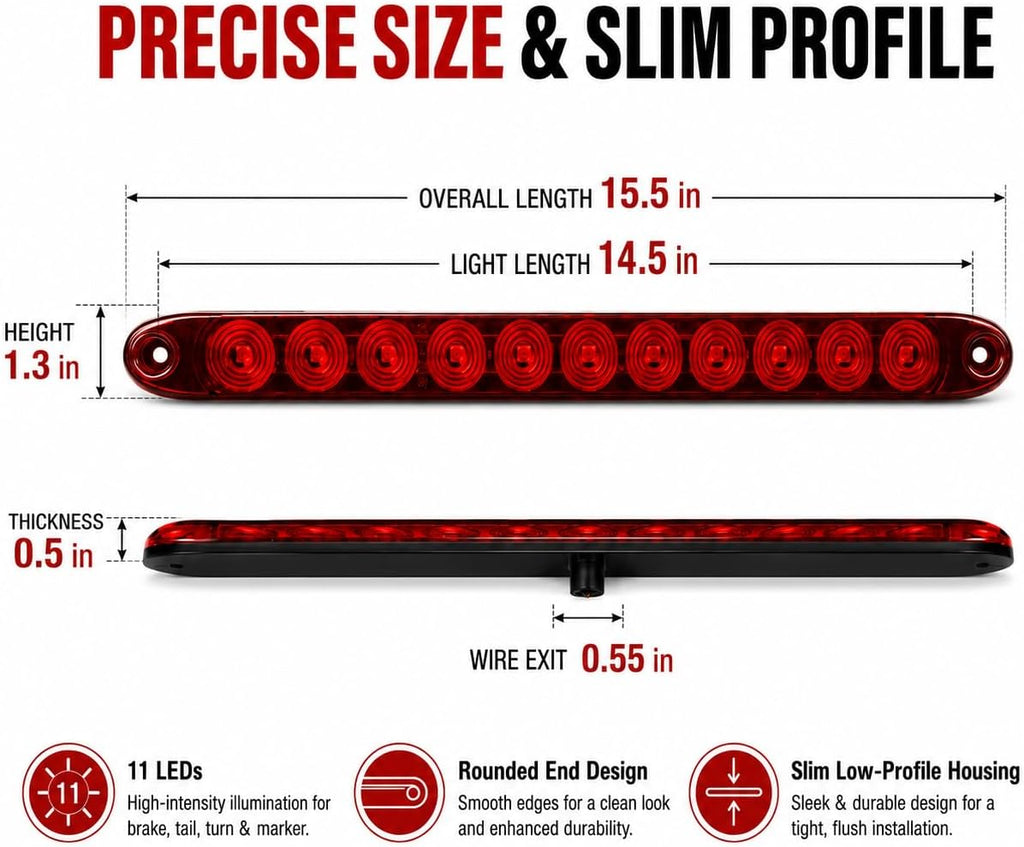 11 LED Red Trailer Brake Tail Light, 2 Pack 16” LED Bar Stop Turn Signal Tail Lights Waterproof Third 3rd Brake Strip Red Light for Marine Boats Golf Cart Offroad Truck RV UTV ATV