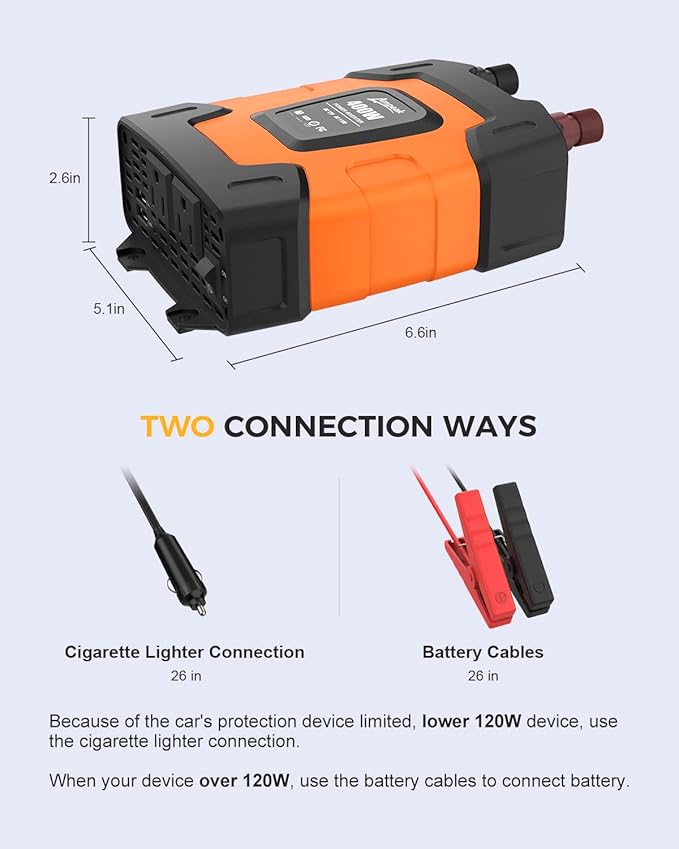 Ampeak 400W Power Inverter 4.8A Dual USB Ports 2 AC Outlets Car Inverter DC 12V - Image 6