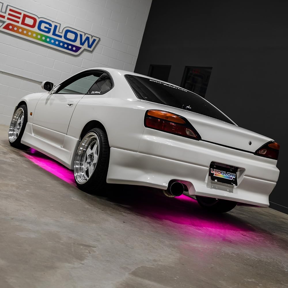 LEDGlow 4pc Pink LED Flexible Car Slimline Underbody Underglow Accent Neon Lighting Kit - 4 Unique Patterns - Water Resistant, Low Profile Light Tubes - Includes Control Box & Remote