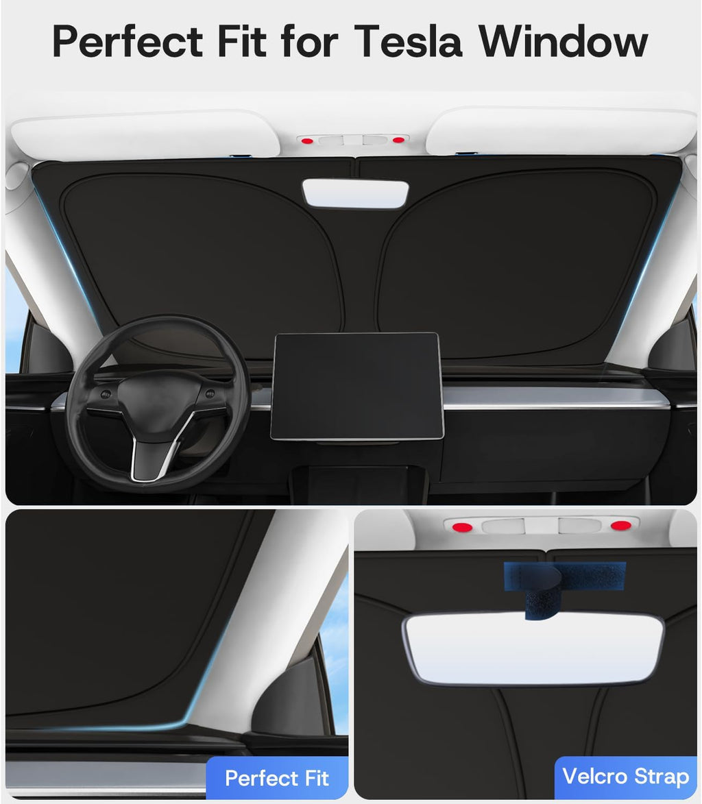 Windshield Sunshade for Tesla Model Y/3 2016-2026 (Juniper/Highland), [100% Sun Block & Anti‑Wrinkle] UV Protection Heat Insulation Front Window Cover for Tesla Model Y/3 Accessories