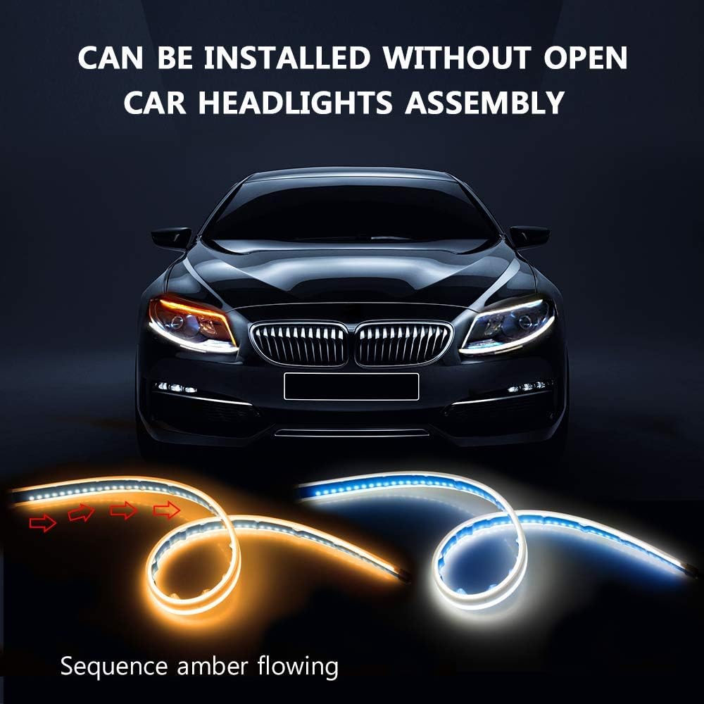 Car LED Strip Lights, 2 Pcs 24 Inch Flexible Headlight Strips DRL Light Tube, Dual Color White and Amber Daytime Running Lights Waterproof Neon Turn Signal Bulb Sequential Switchback