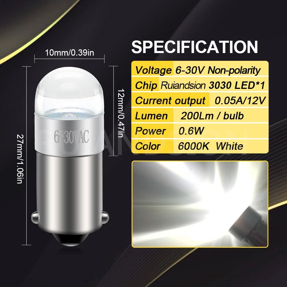 Ruiandsion BA9S Interior Map Led Light White 1891 6-30V Car Bulb for Glove Box Instrument Panel Lamps（pack of 2）