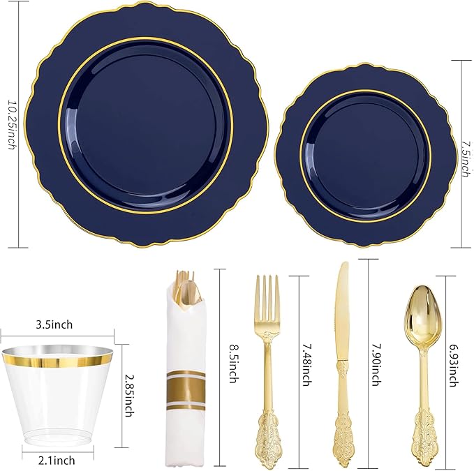 Liacere 350PCS Navy Blue Plastic Plates-Disposable Blue Gold Plates 50guest P...