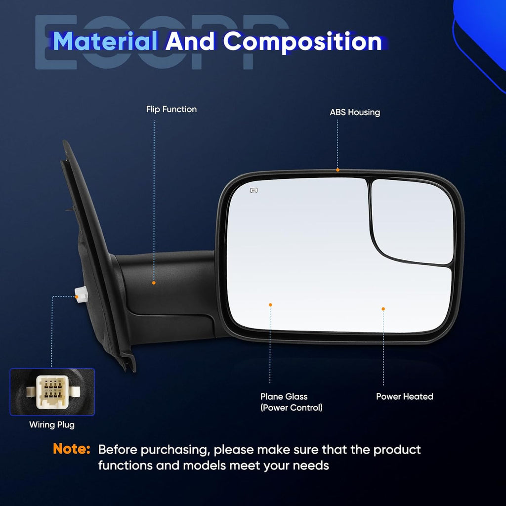ECCPP Towing Mirrors Fit 02-08 For Dodge For Ram 1500 03-09 For Dodge For Ram 2500 3500 Pickup Truck Power Heated Tow Folding Side View Black Mirror Pair Set Right Passenger And Left Driver Side