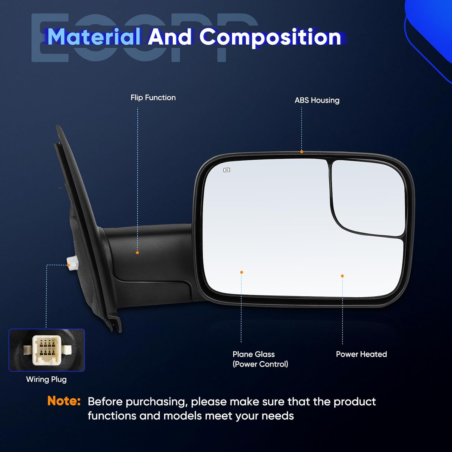 ECCPP Towing Mirrors Fit 02-08 For Dodge For Ram 1500 03-09 For Dodge For Ram 2500 3500 Pickup Truck Power Heated Tow Folding Side View Black Mirror Pair Set Right Passenger And Left Driver Side