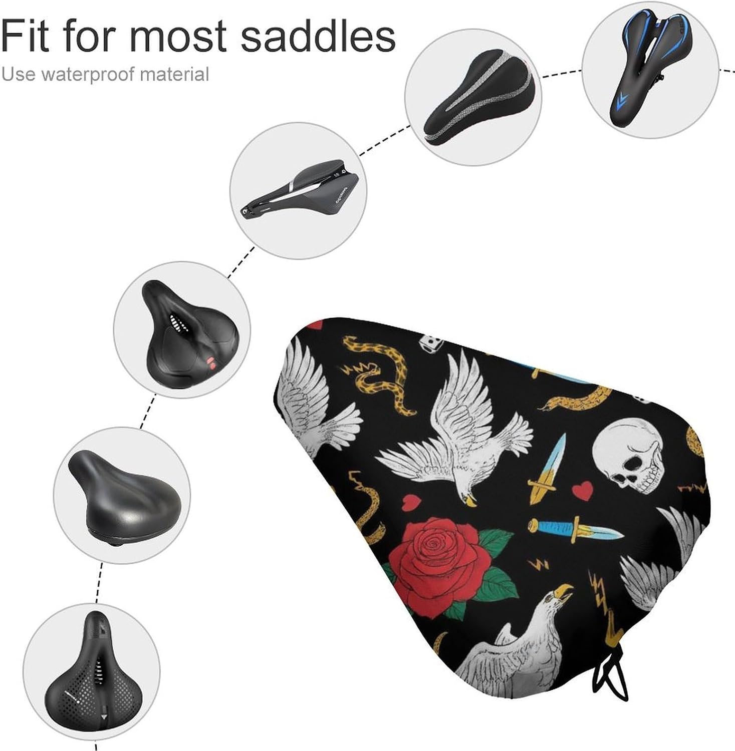 Cool Rock Wild Eagle Red Rose Skull Floral Bike Seat Cover Outdoor Cycling Class And Stationary Bikes Spin Bike, Waterproof Bike Cushion Saddle Protector with Adjustable Drawstring