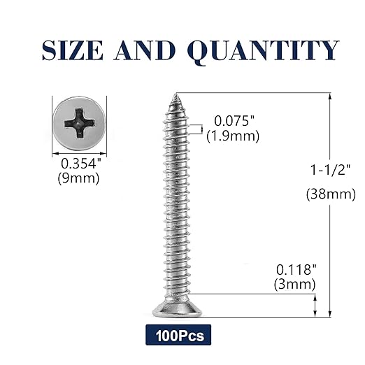 #10 x 1-1/2" Wood Screw 100Pcs 18-8 Stainless Steel Screws Flat Head Phillips - Image 2